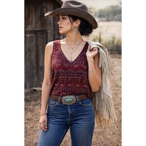 Free People Burgundy Beaded Blouse Women's M Western Boho Hippie Artsy Eclectic